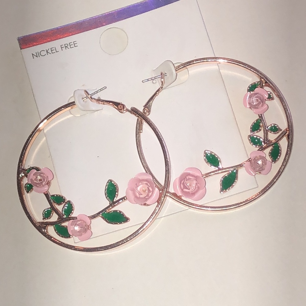 Floral Pink Rose Gold Tone Hoop Earrings - Nickel Free